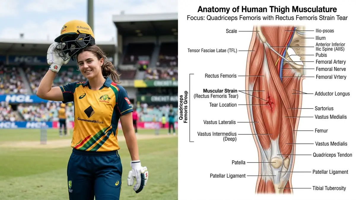 Phoebe Litchfield's Quadriceps Strain: Cricket Deceleration Mechanics and Progressive Quadriceps Rehabilitation